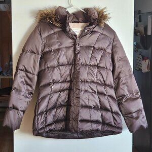 Calvin Klein Faux Fur Trim Removable Hood Puffer Jacket Dark Brown Large EUC